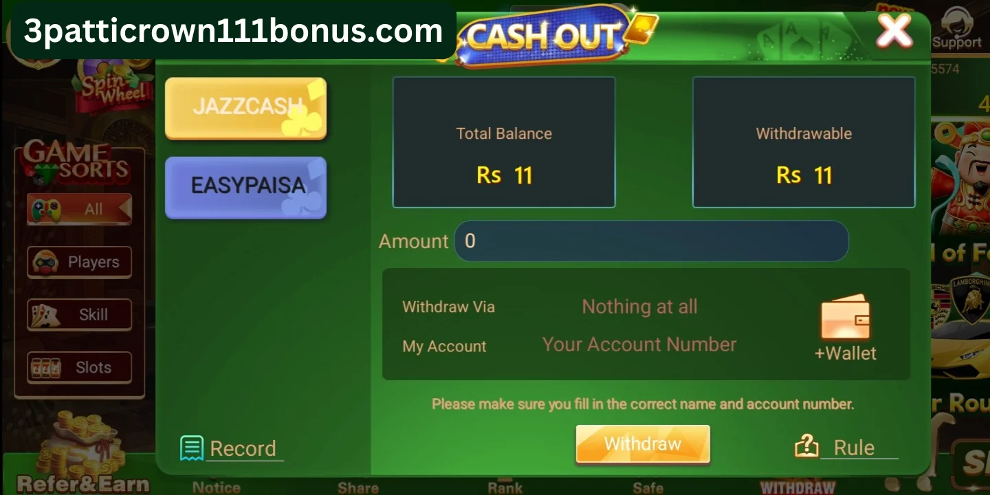 3 Patti Crown 111 Bonus — Withdraw